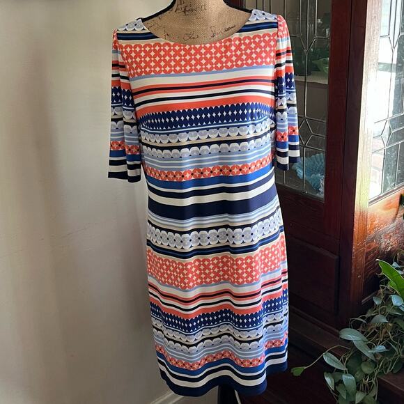 Pink & Blue Mixed Print Midi Shift Dress Size 12 Scoop Neck Back Zip Bohemian - Picture 1 of 16